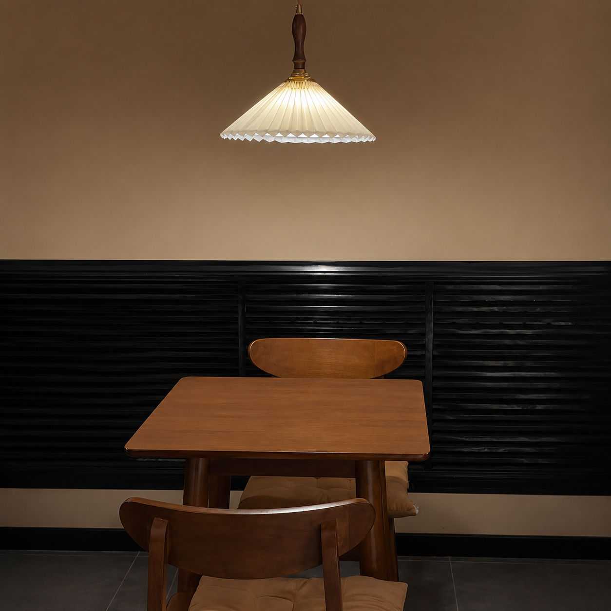 Pendant light with white fluted dome shade, dark wood finial, and brass collar