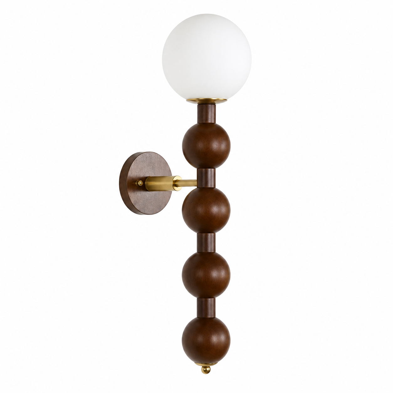 Wood-grain beaded globe wall lamp with white globe shade and brass accents