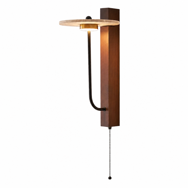 Wood and metal wall sconce with curved arm and round halo-style light shade