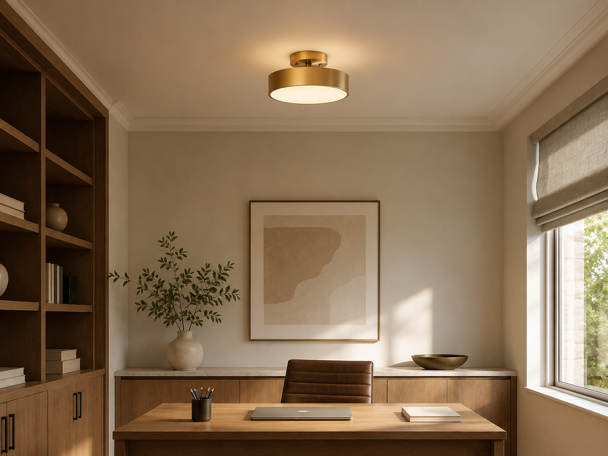 Brass drum flush mount ceiling light with round diffuser above a home office area