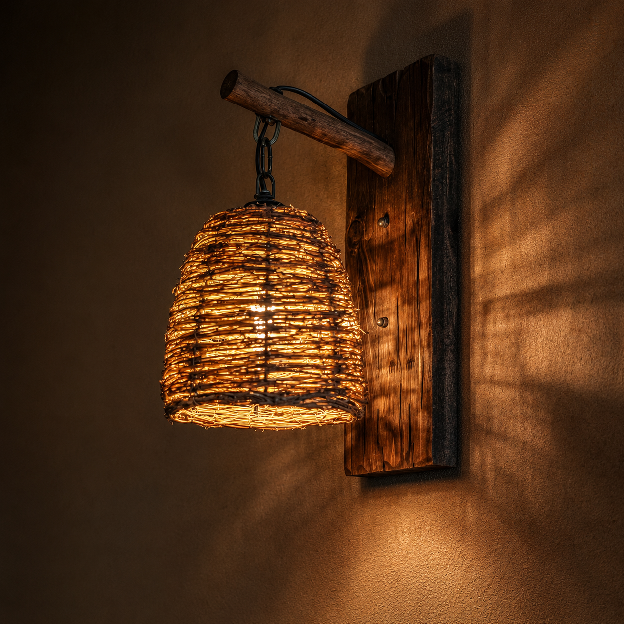 Woven shade wall lantern with dark chain and timber bracket, warm light output