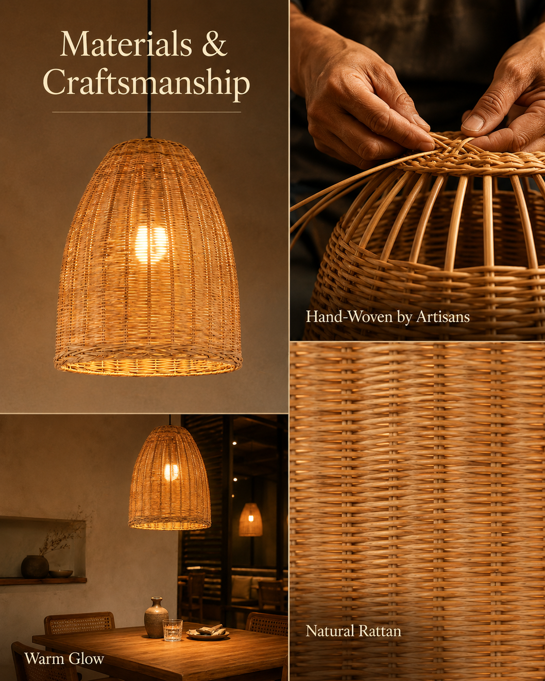 Natural materials and handcrafted details of Rattan Bell Pendant