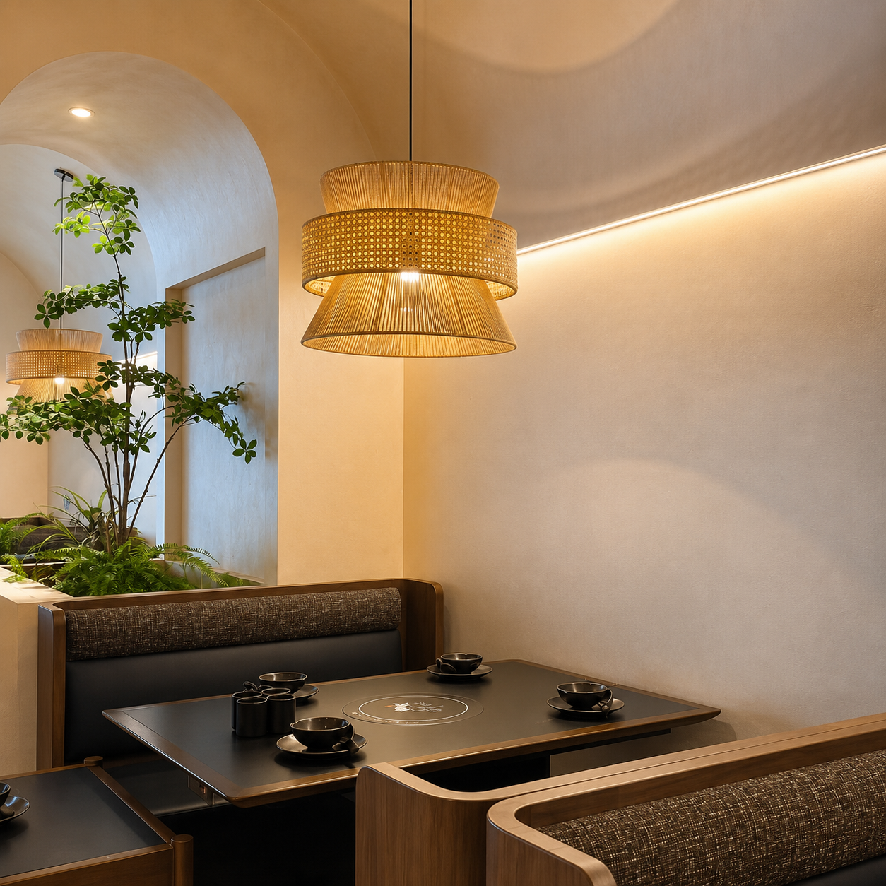 Woven hourglass pendant light with perforated cylinder top over a warm fabric shade