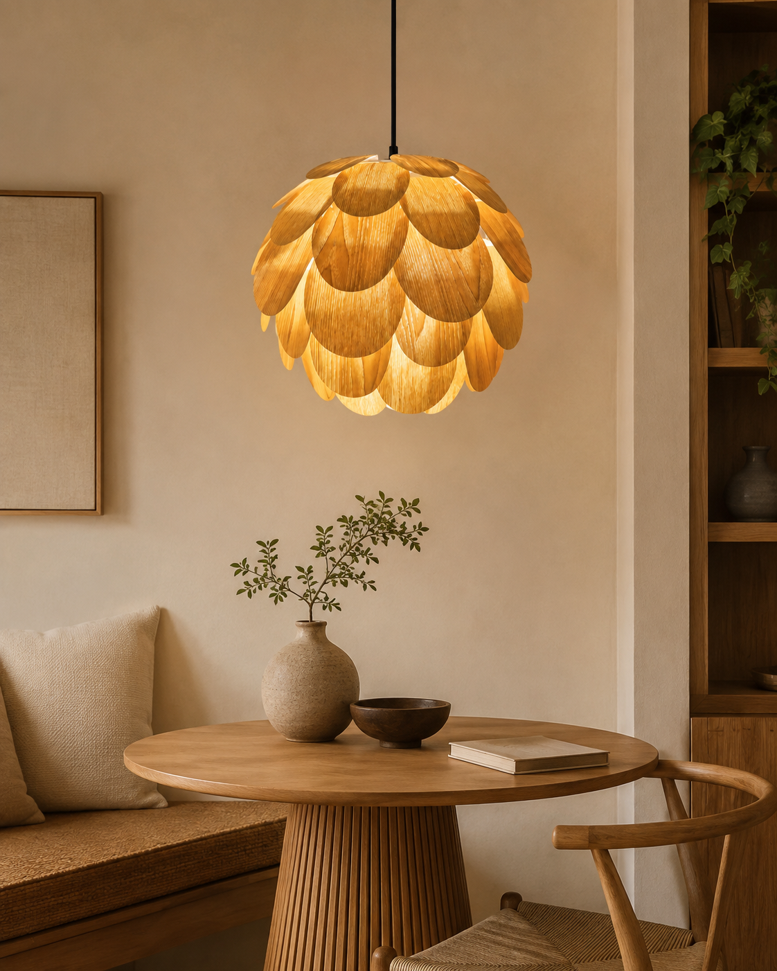 Finished craftsmanship detail of Pinecone Wood Pendant Light
