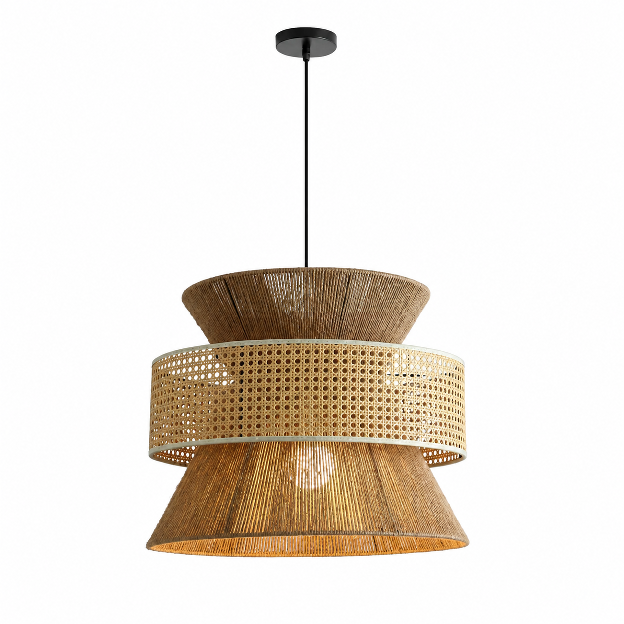 Hourglass pendant light with woven wood shade and perforated metal top band