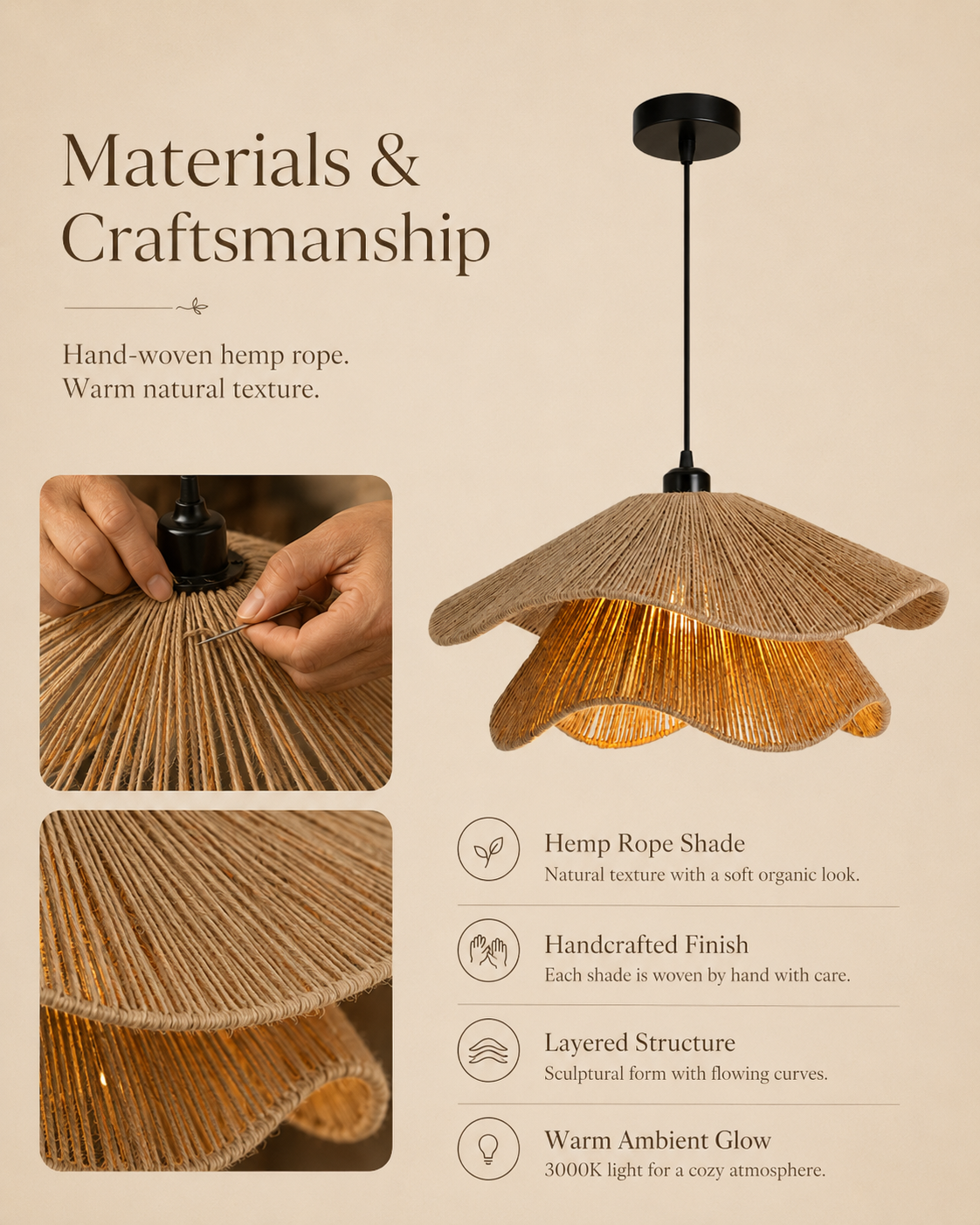 Natural materials and handcrafted details of Layered Petal Hemp Rope Pendant Light
