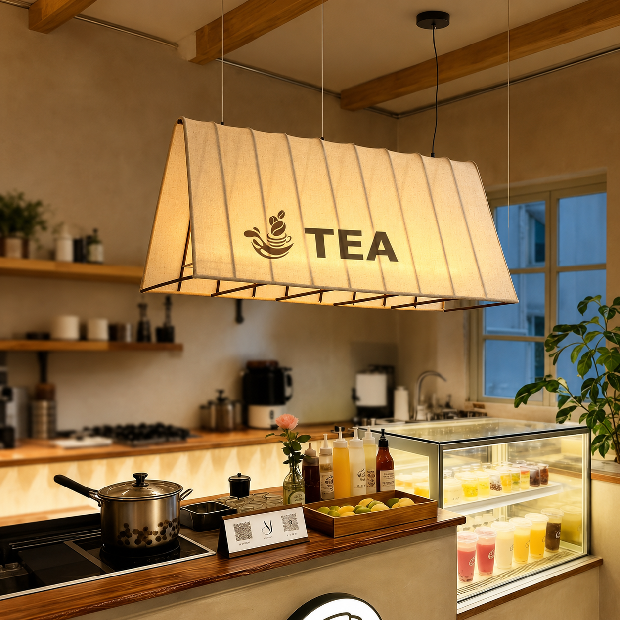 Beige fabric pendant lamp shade with 'TEA' lettering and black metal frame.