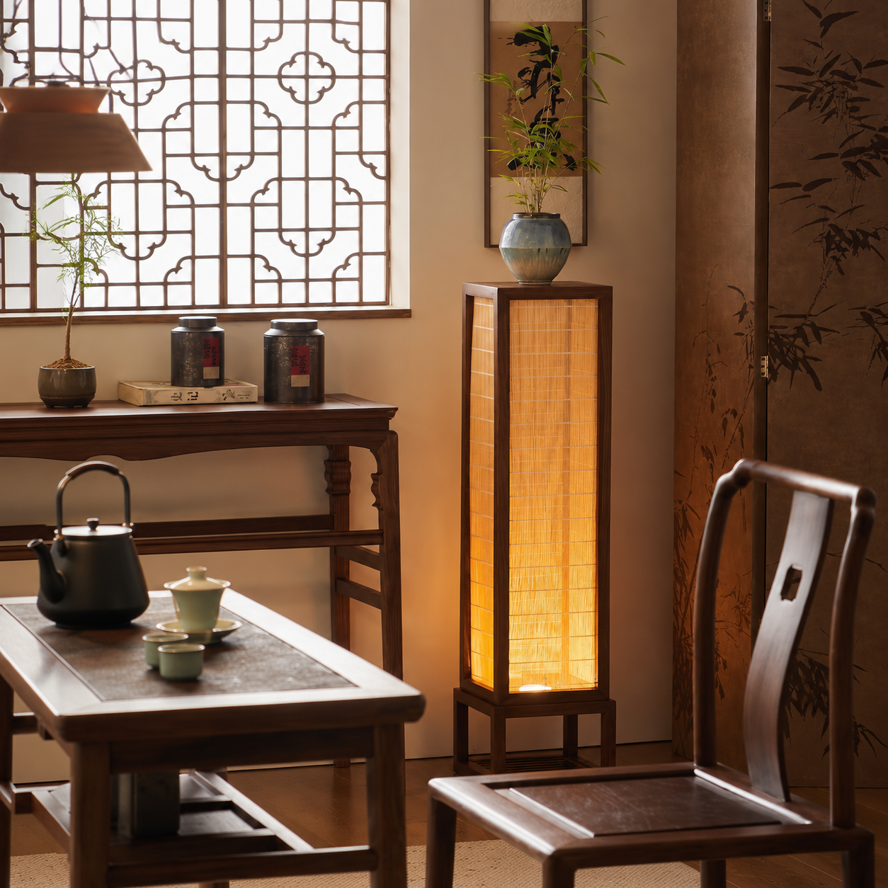 Upright rectangular floor lamp with warm-lit bamboo panels in dark wood frame