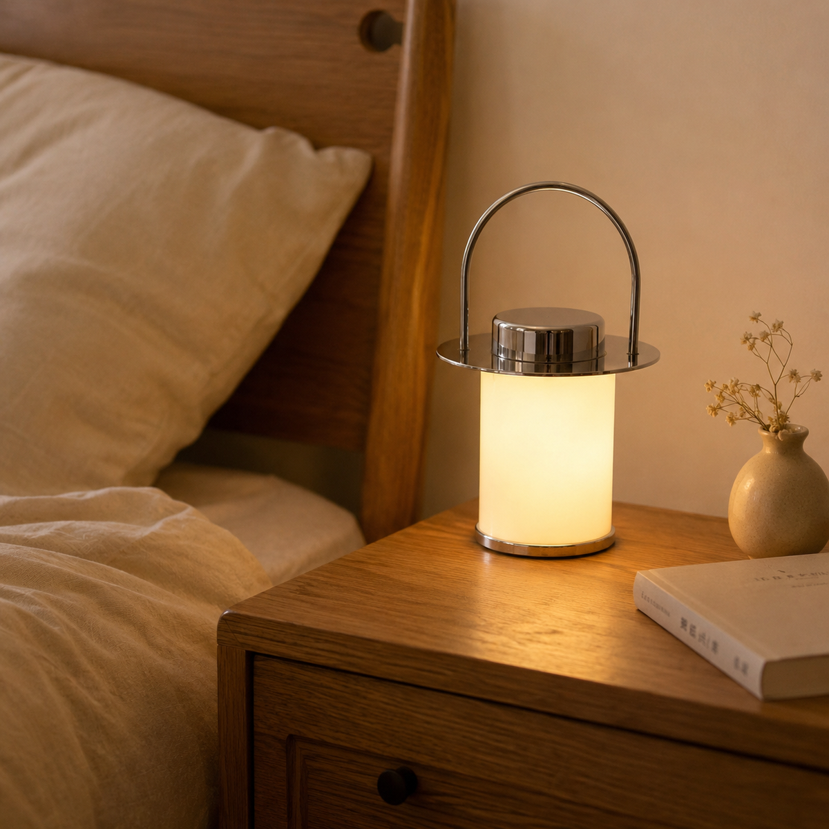 Chrome lantern table lamp with frosted glass shade and arched carrying handle