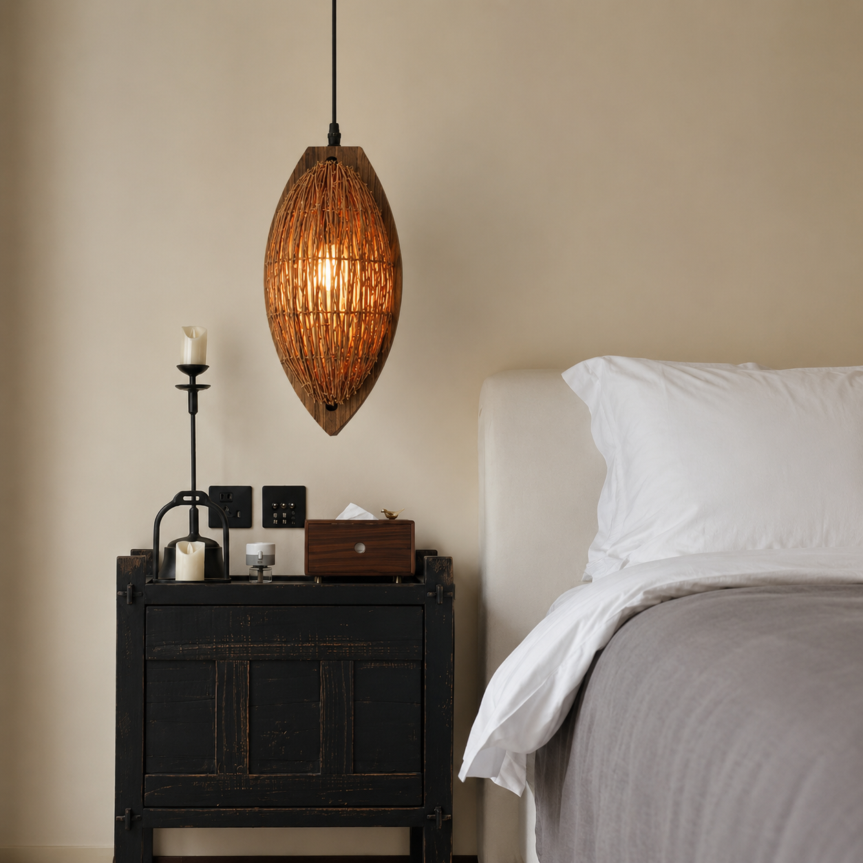 Woven rattan teardrop pendant lamp with warm lit shade, black cord, round ceiling canopy.