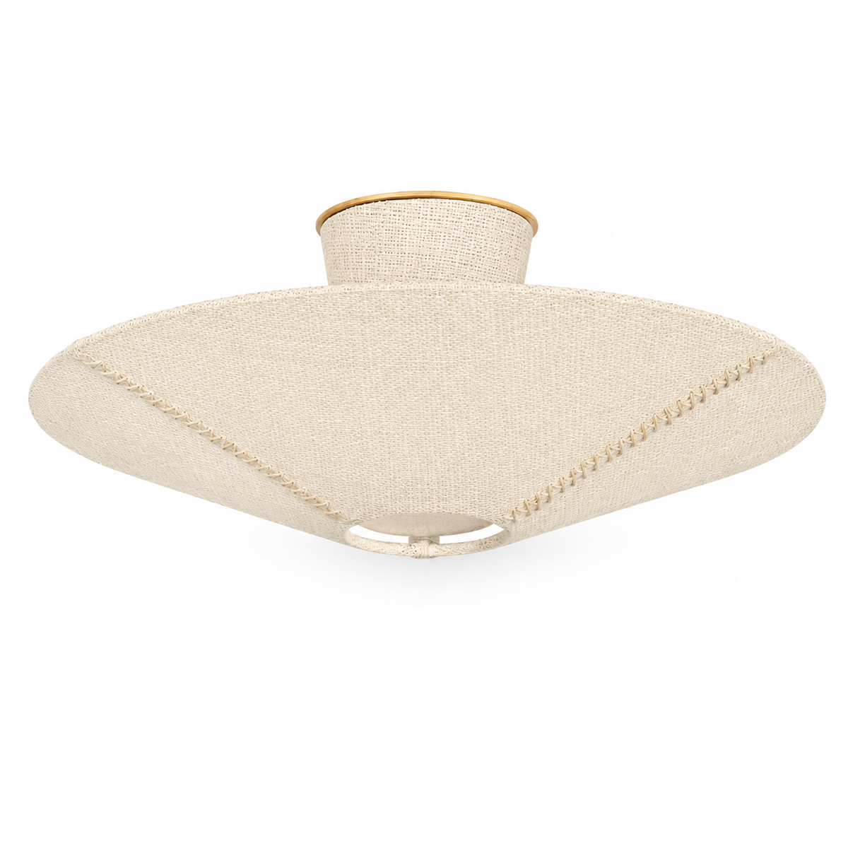 Beige fabric flush mount ceiling light with woven shade and gold base
