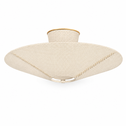 Beige fabric flush mount ceiling light with woven shade and gold base