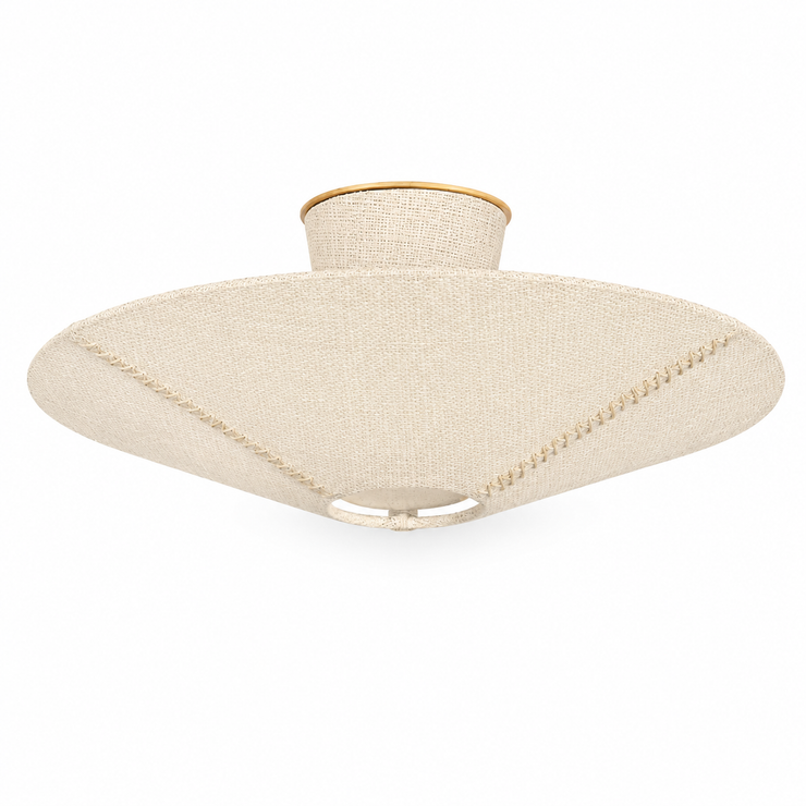 Beige fabric flush mount ceiling light with woven shade and gold base