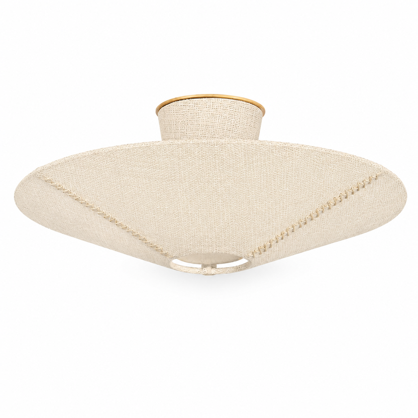 Beige fabric flush mount ceiling light with woven shade and gold base
