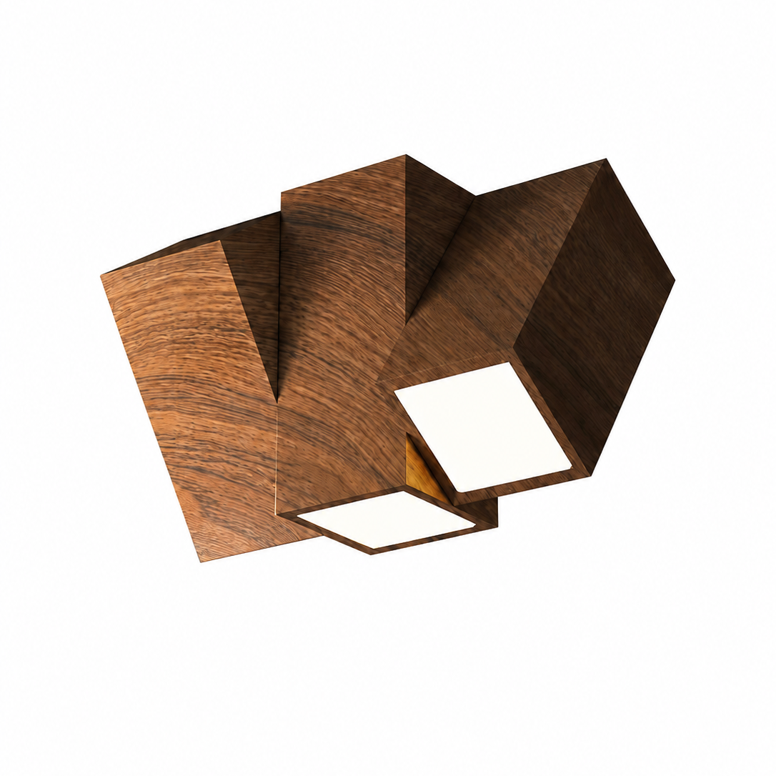 Geometric wooden light fixture with walnut-toned panels and square cutout