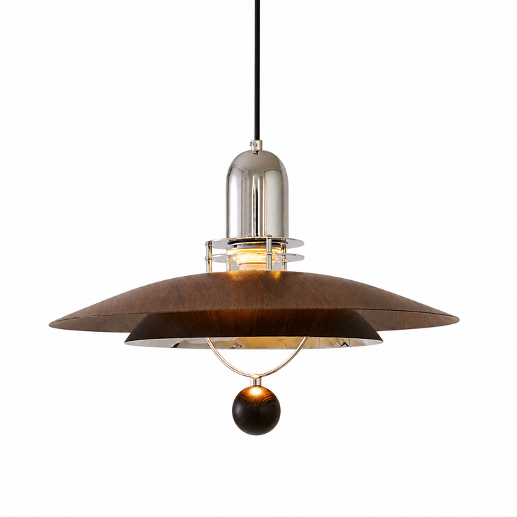 Walnut wood disc pendant light with clear glass cylinder and small bronze globe pull.