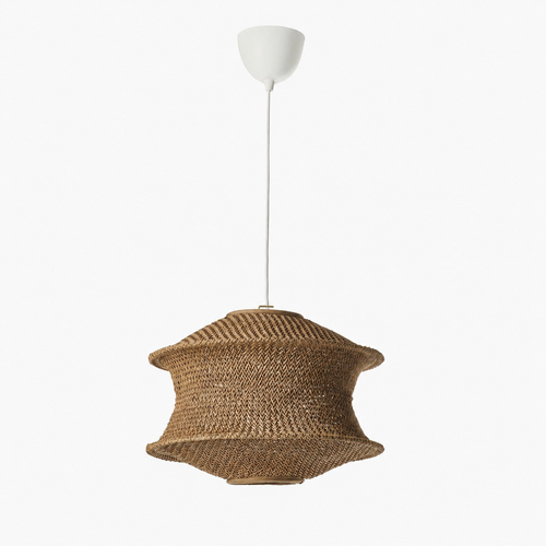 Woven pendant light with tan shade and white top canopy