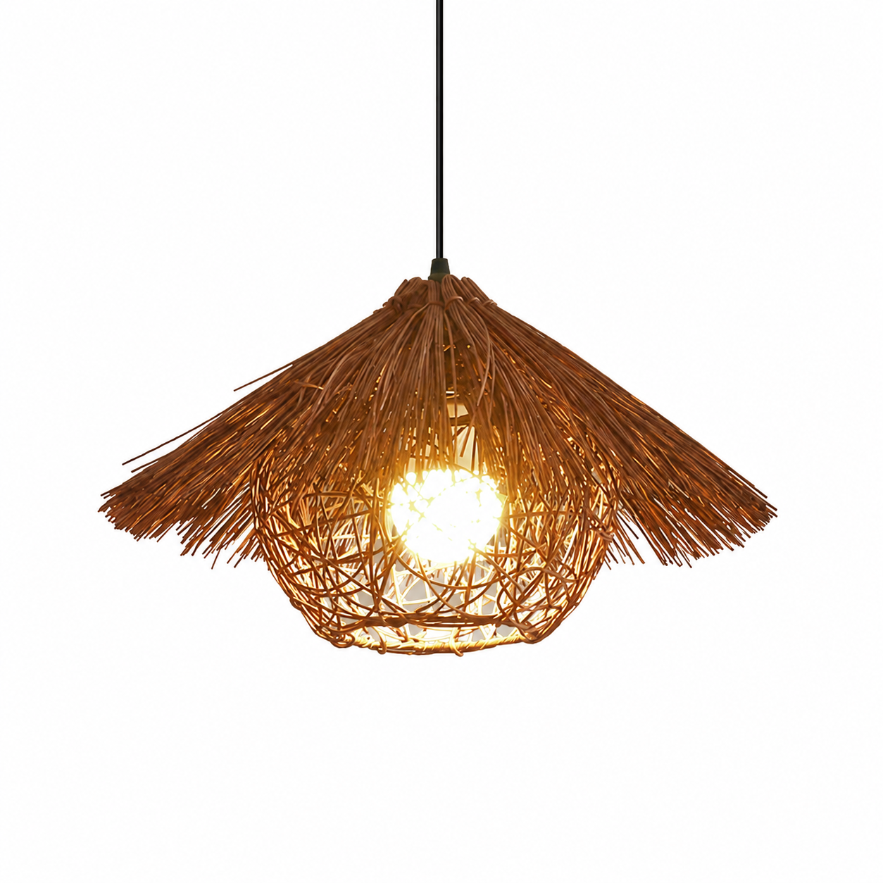 Single woven rattan pendant light with flared fringe shade and warm exposed bulb glow