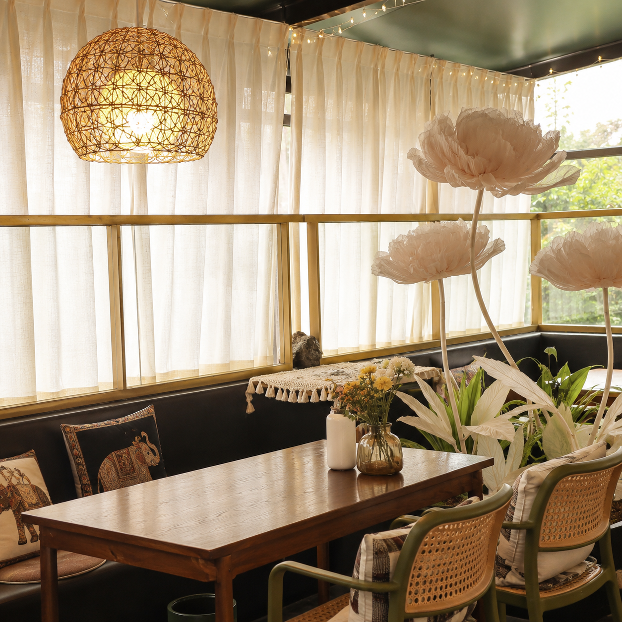 Rattan orb pendant light with woven shade, hanging in a bright dining room
