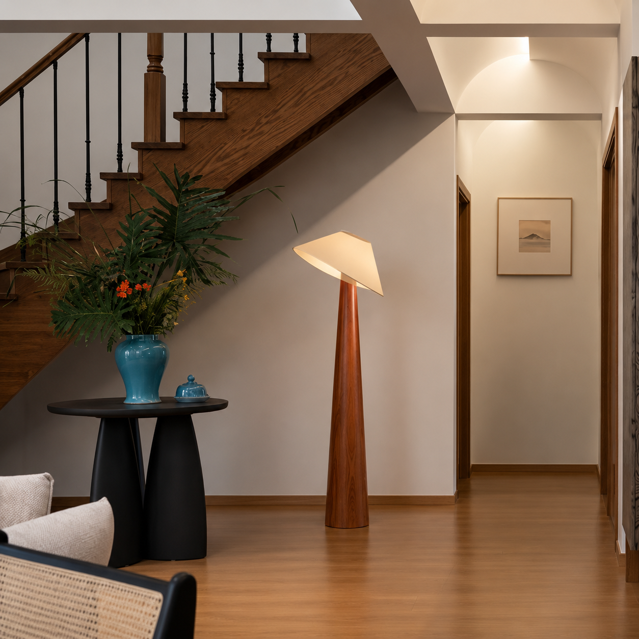 Nature wood cone-shade floor lamp with tall base and angled off-white shade