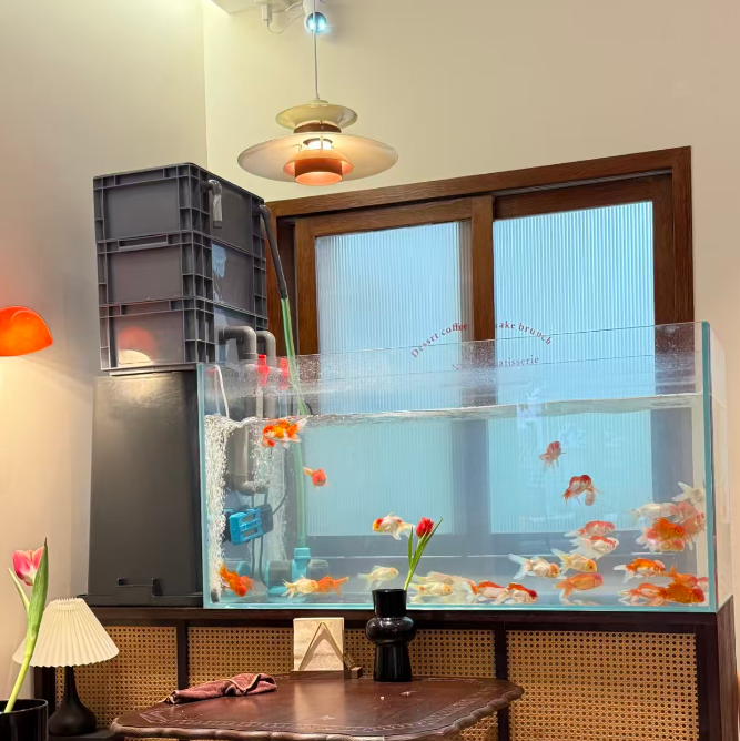 A large rectangular aquarium filled with orange and white koi fish, set in a styled room with a wooden window frame, rattan panel wall, small tables, and hanging pendant lights.