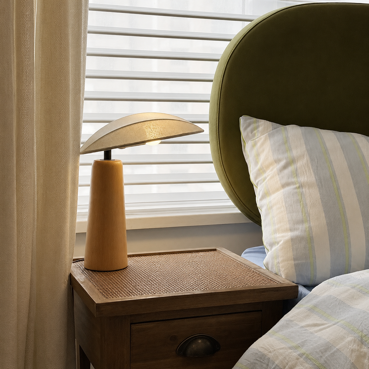 Wood table lamp with linen shade next to a bed and window blinds