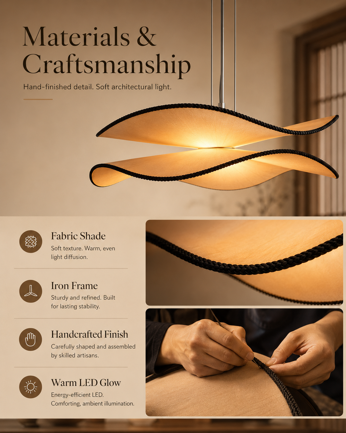 Natural materials and handcrafted details of Lumina Wings Pendant Light