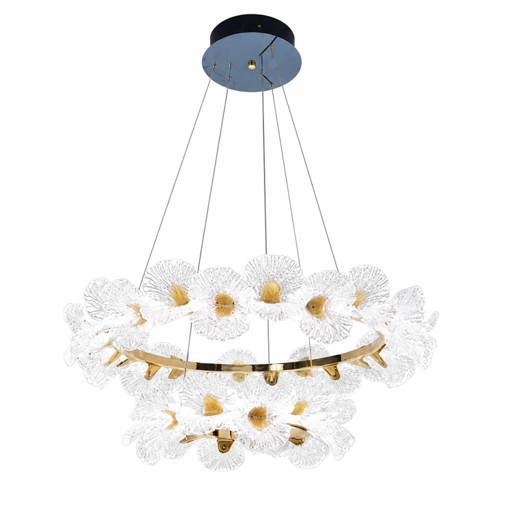 Flower petal chandelier with clear textured petals and gold accents, hanging ceiling mount
