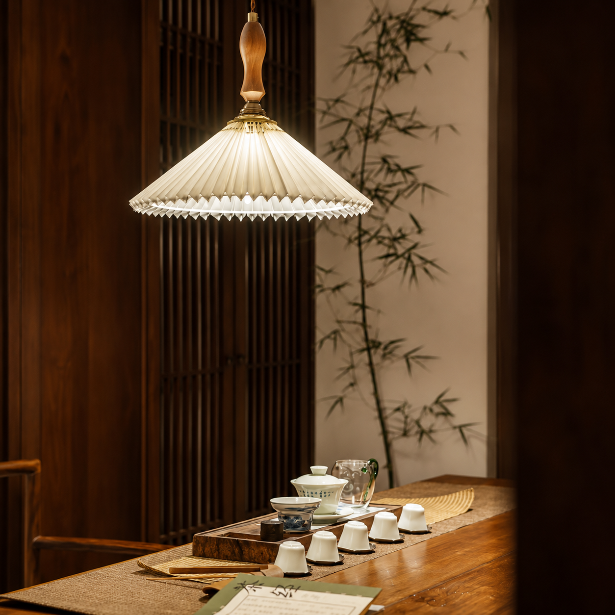 Pleated dome pendant light with white pleated shade and brass-and-wood stem