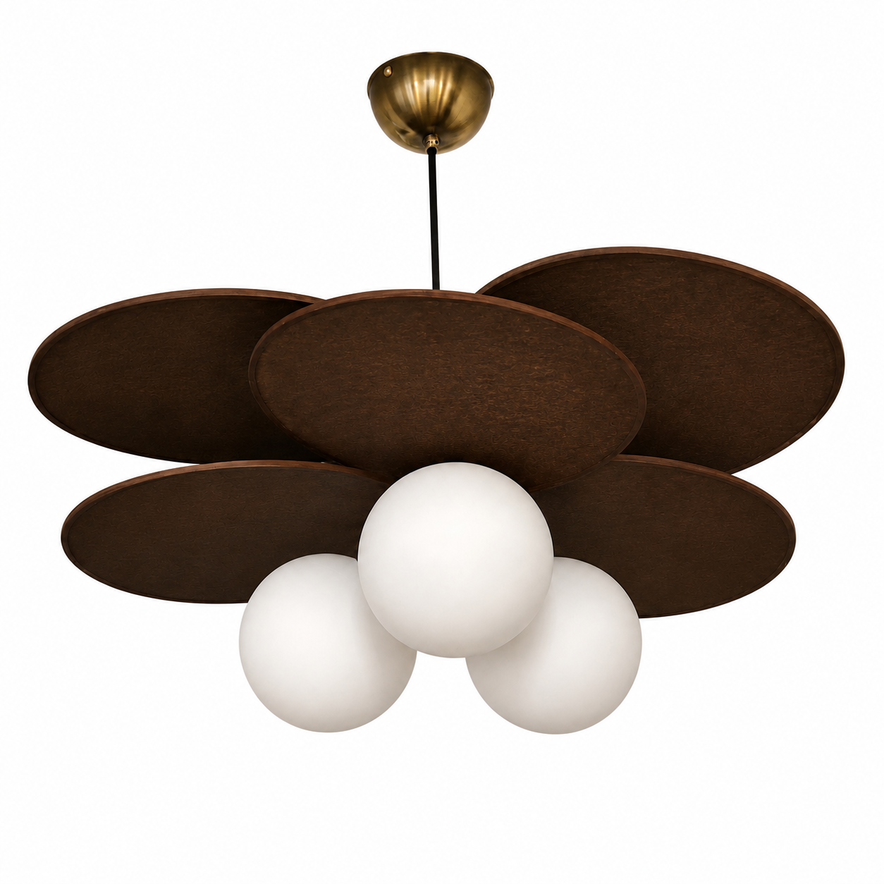 Fabric petal pendant light with dark brown oval shades and three white globe bulbs.