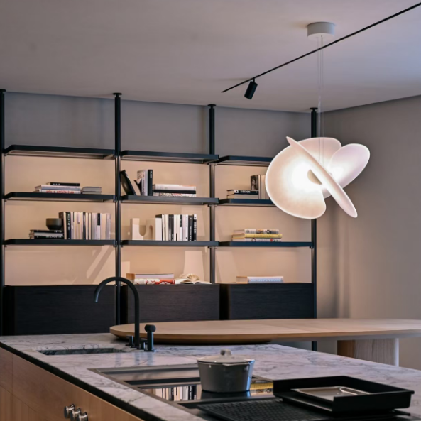 Butterfly pendant light with white dome shade and crossed blades over shelving