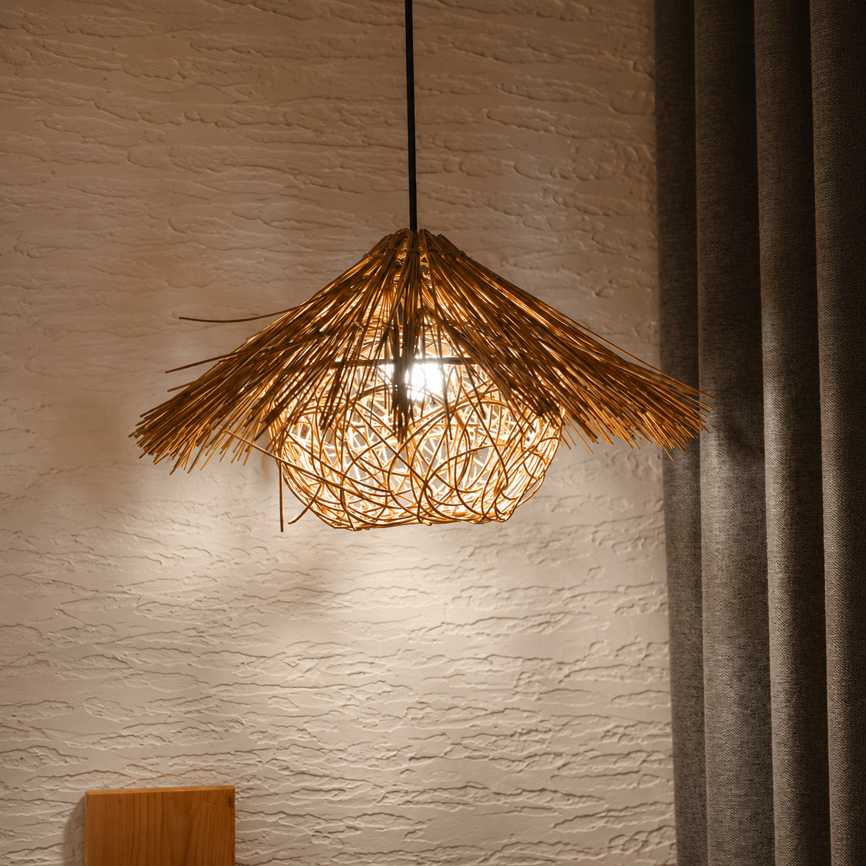 Woven rattan pendant light on textured wall with soft warm bulb glow and drapes