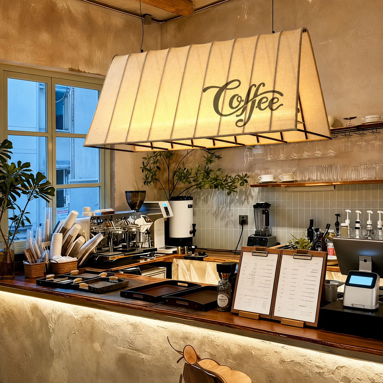 Beige fabric pendant lamp shade with cursive 'Coffee' script and black metal frame.
