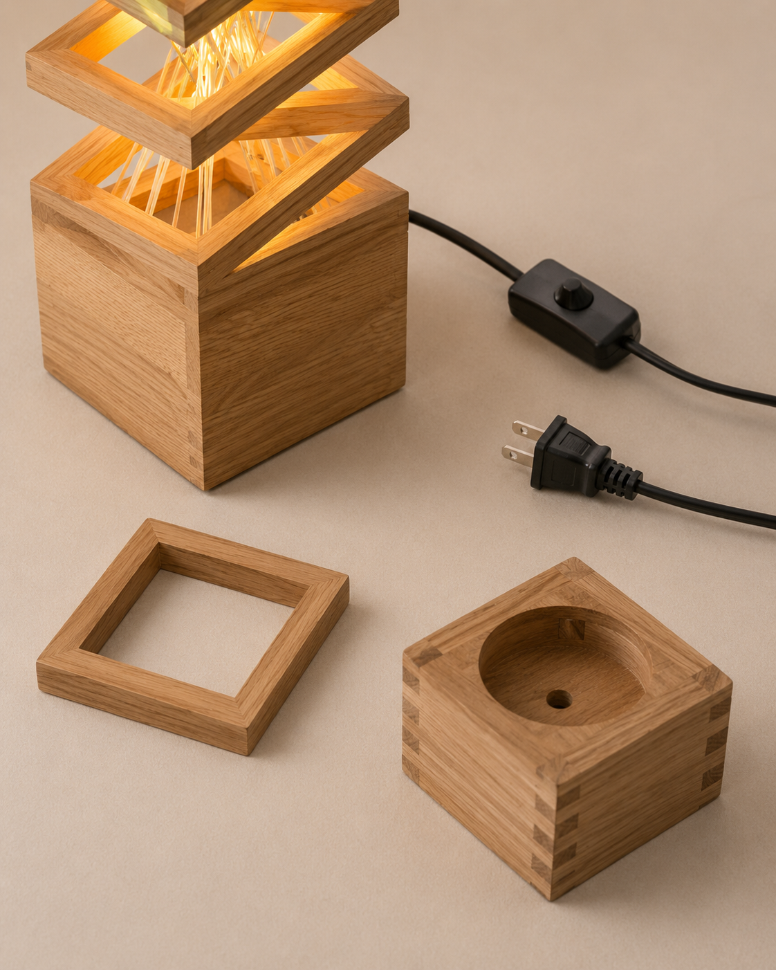 Finished craftsmanship detail of Zen Stack Wood Table Lamp with Dried Botanicals