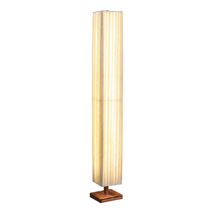 Tall floor lamp with off-white fabric shade and natural wood square base