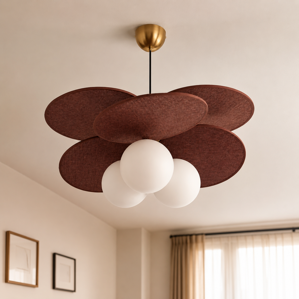 Petal pendant light with brass mount and stem; five walnut-brown fabric petals, three white globes