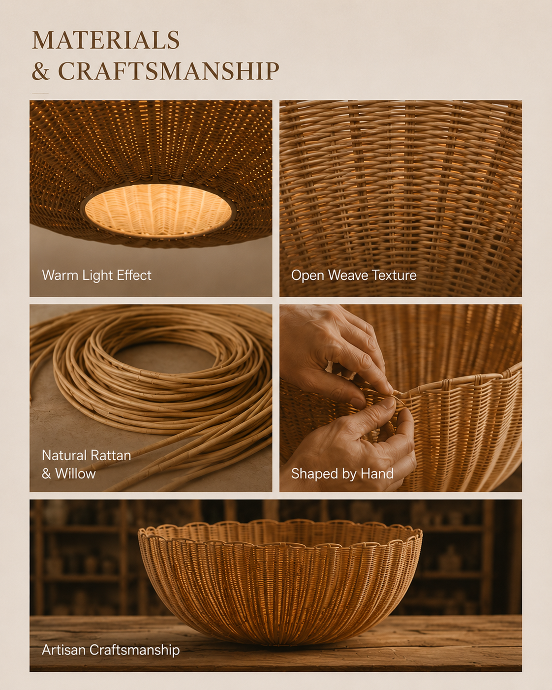 Natural materials and handcrafted details of Soleil Rattan Pendant