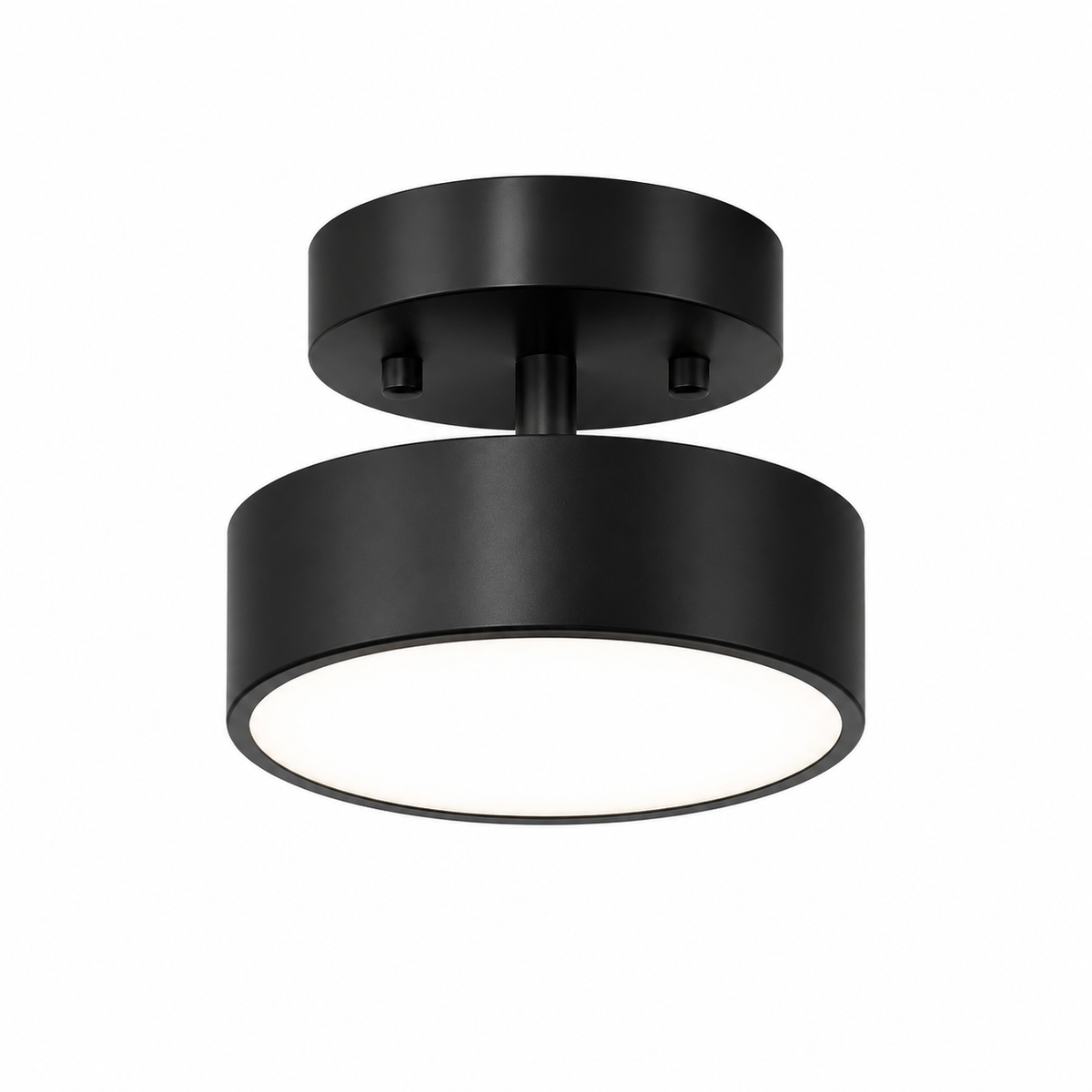 Black drum flush mount ceiling light with round white diffuser and two-piece canopy