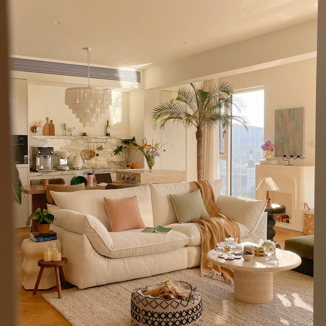Tiered capiz shell chandelier centered in living room