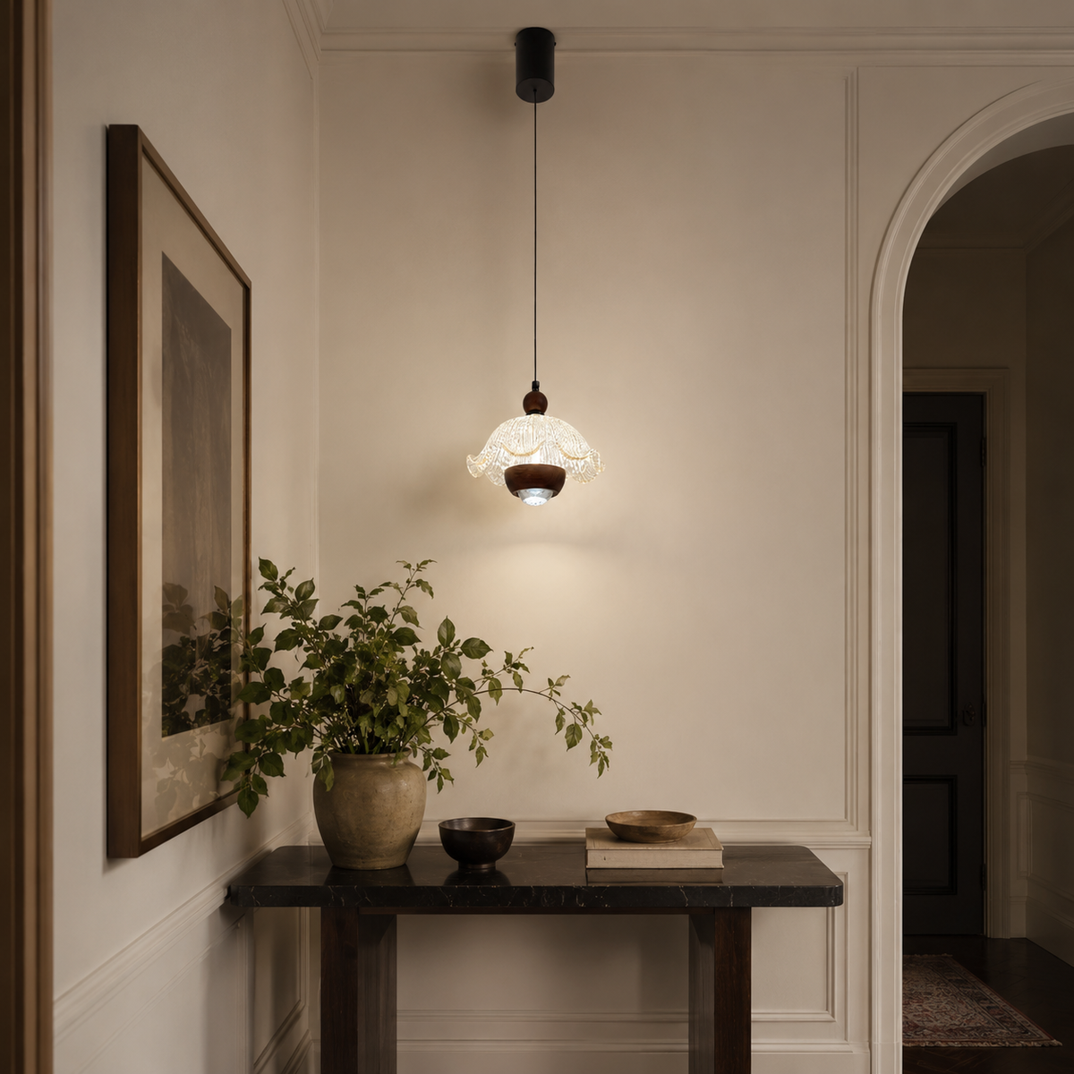 Fleur ruffle pendant light with textured glass shade and round black ceiling mount