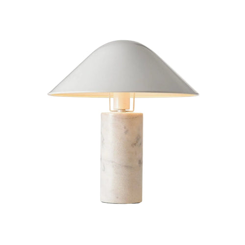Modern table lamp with white dome shade and marble-look cylindrical base