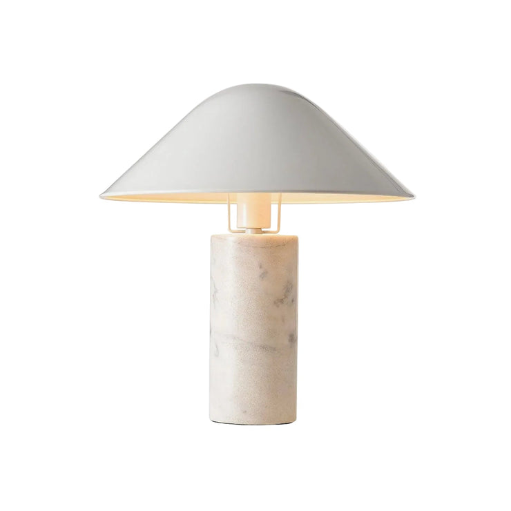 Modern table lamp with white dome shade and marble-look cylindrical base
