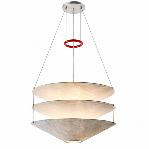 Tiered paper pendant light with three shades, red canopy ring, metal ceiling mount
