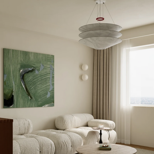 Tiered paper pendant light with stacked translucent shades and red canopy ring