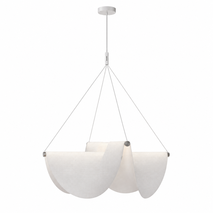 Sculptural pendant light with multiple curved fabric shades on a corded frame