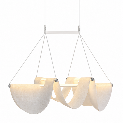 Curved fabric pendant light shades with black knobs on a hanging metal frame