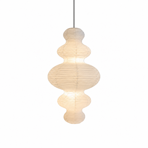 Akari washi gourd pendant in light wood with layered teardrop shades on a cord