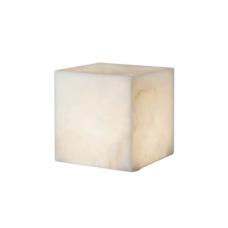 White alabaster cube table lamp with faceted block shade