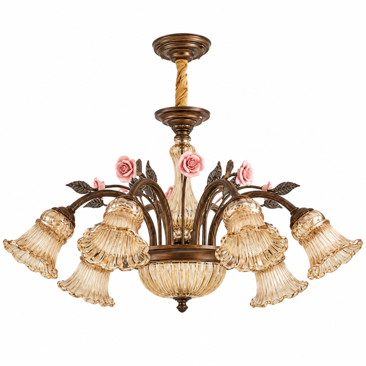 American vintage rose blossom chandelier with bronze frame, pink roses, and multiple clear glass shades