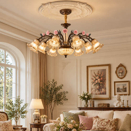 American vintage rose blossom chandelier with bronze finish, pink rose details, and clear glass shades